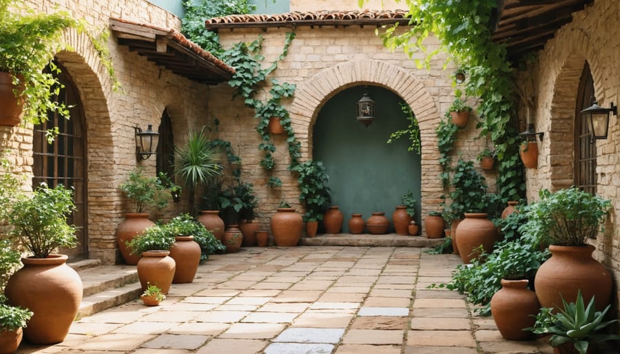 Sun-filled Mediterranean courtyard featuring traditional materials and seamless connection to interior spaces