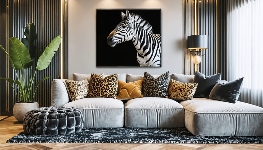 Living room displaying mixed patterns and textures in furniture and accessories