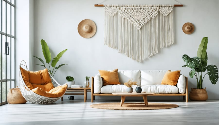 Contemporary interior design with subtle 1970s-inspired decorative elements