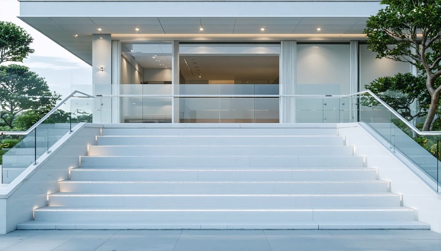 Contemporary vinyl railing featuring minimalist design with glass inserts