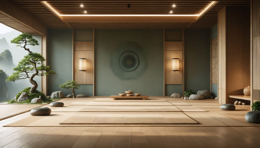 Serene meditation space with bamboo acoustic panels and natural design elements