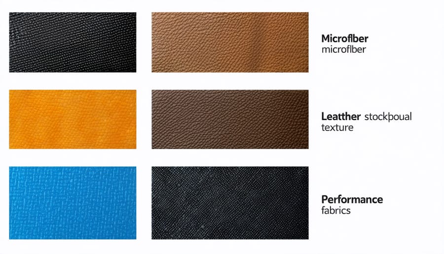 Side-by-side comparison of pet-friendly sofa fabric samples including microfiber, leather, and performance materials