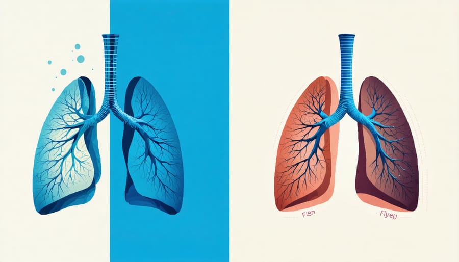 Comparison diagram of healthy vs affected respiratory system due to air pollution