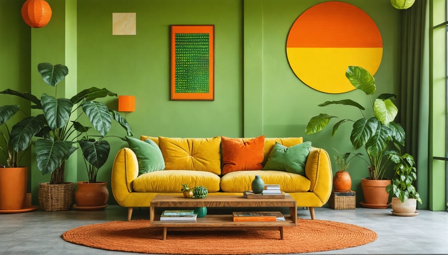 Authentic 1970s living room interior featuring characteristic earth tone color palette and patterns
