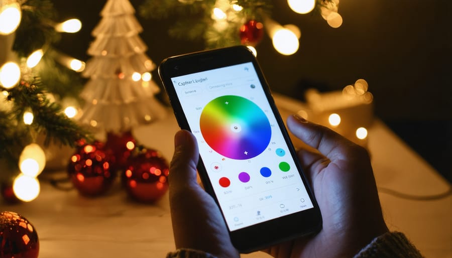 Smart phone app interface showing Christmas light controls and color selection options