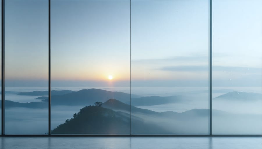 Smart glass window demonstrating privacy transformation with etched pattern