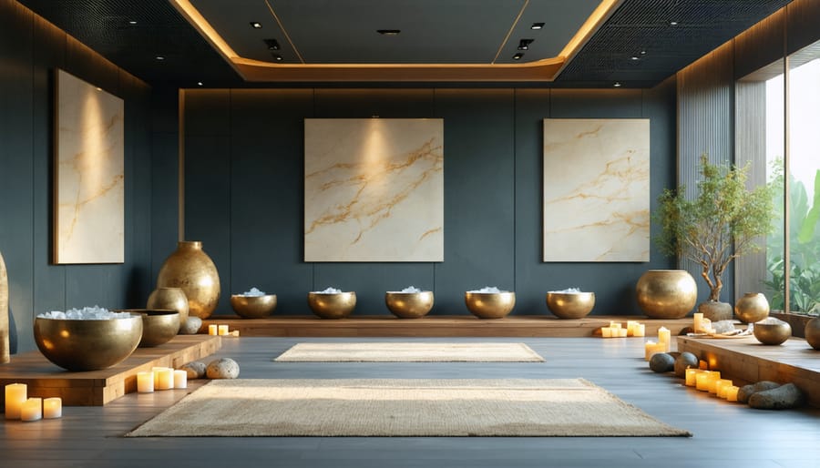 Peaceful sound healing space featuring crystal bowls and acoustic treatment elements