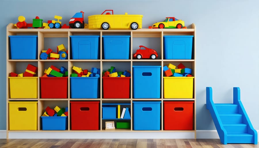 Multi-functional storage wall featuring pull-out toy bins and climbing holds