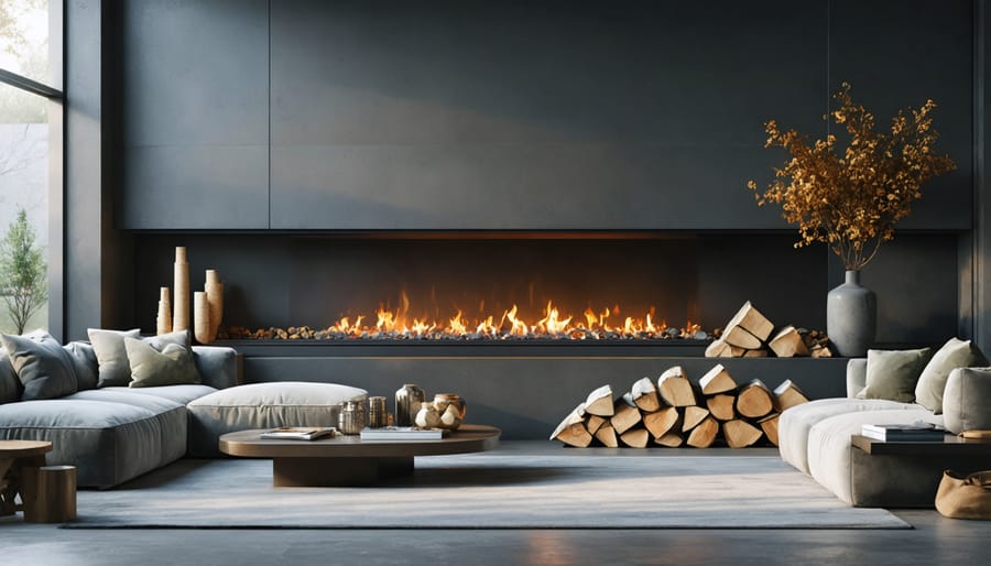 Beautifully decorated modern fireplace with arranged accessories and artwork on mantel