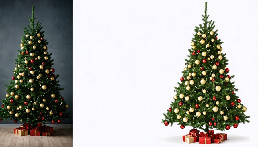 Side-by-side comparison of basic vs professional Christmas tree lighting techniques