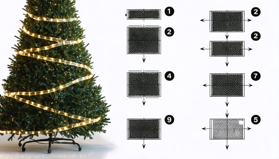 Person demonstrating proper Christmas tree light wrapping technique from top to bottom