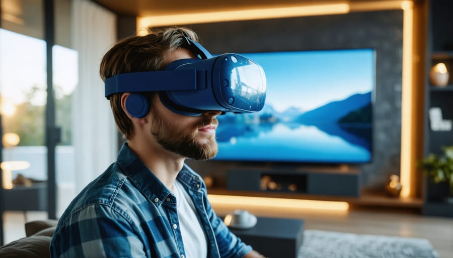Interior designer wearing VR headset while gesturing to modify virtual furniture placement