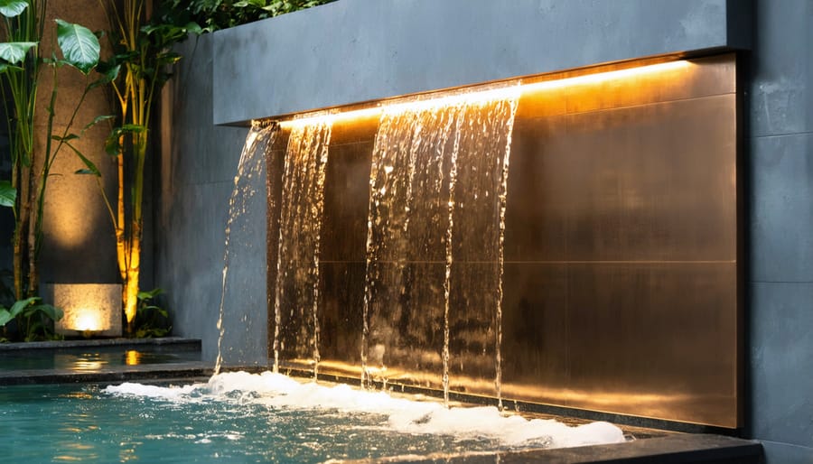 Contemporary wall fountain with illuminated water flowing down textured metal surface