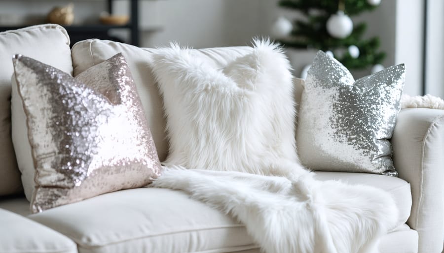 Elegant winter-themed living room with white and metallic decor elements