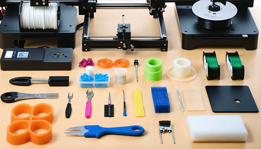 Collection of tools and materials needed for 3D printing furniture ornaments
