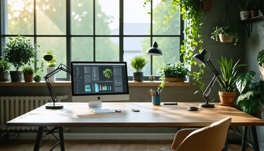 Biophilic home office design with nature view and plant integration