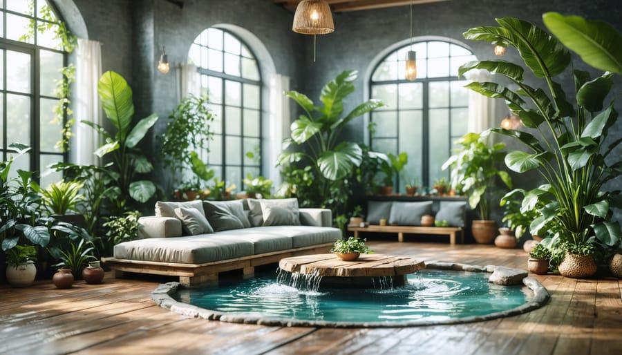 Modern living room with biophilic design elements including natural light, plants, and wooden elements