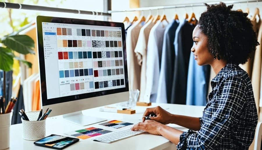Interior designer and client collaborating on custom fabric design using digital software