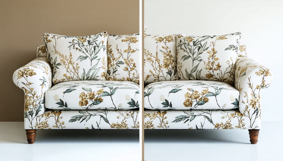 Before and after comparison of furniture upholstered with custom jacquard printed fabric