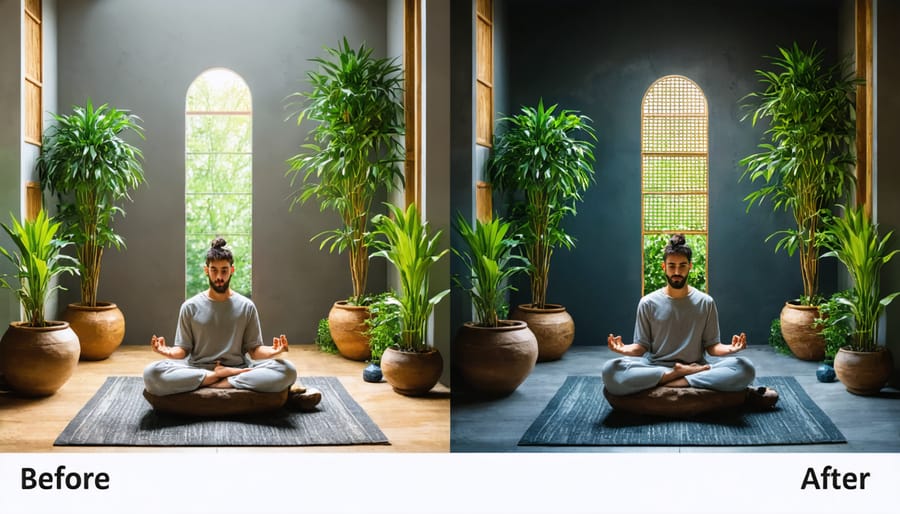 Split image comparing empty corner space transformed into Japanese-inspired meditation area with plants and natural materials