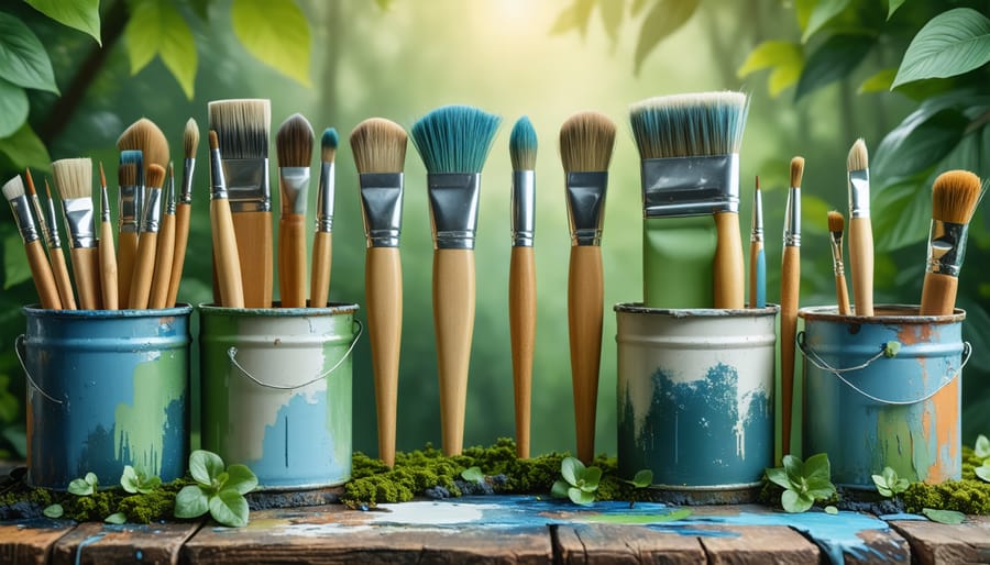 Environmentally friendly painting supplies and materials laid out on a workbench