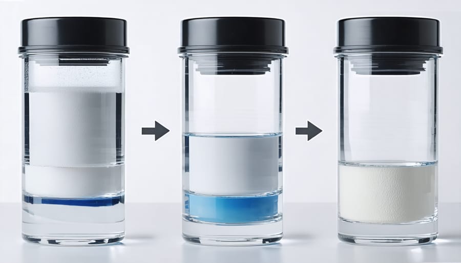 Sequential images demonstrating how to layer materials in a DIY water filter