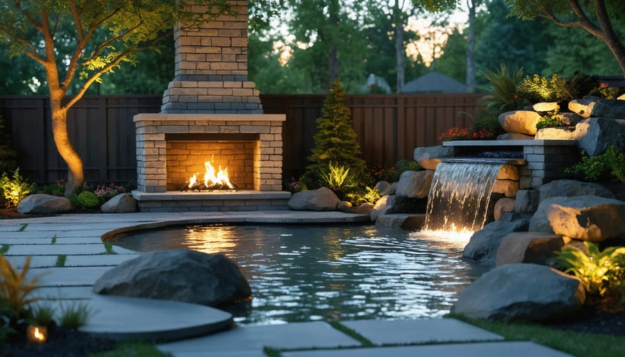 Nighttime view of outdoor space combining fire and water elements with ambient lighting