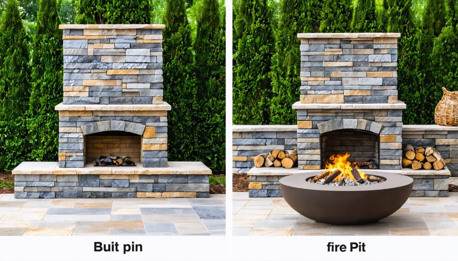 Comparison between permanent stone outdoor fireplace and portable metal fire pit