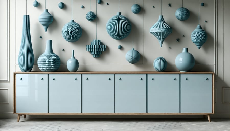 Modern geometric 3D printed furniture ornaments featuring hexagons, triangles, and abstract patterns