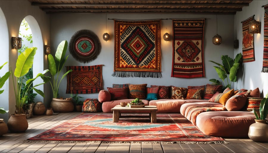 Contemporary living space decorated with serape pillows, embroidered throws, and Hispanic art pieces