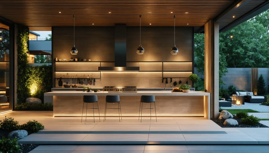 Coordinated lighting design across indoor and outdoor kitchen spaces at night