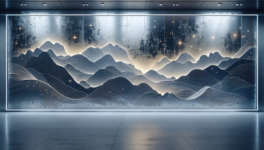 Modern etched metal wall art with embedded LED lighting creating dramatic shadows