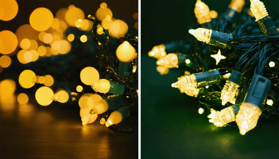Visual comparison showing the brightness and color quality differences between LED and traditional Christmas tree lights