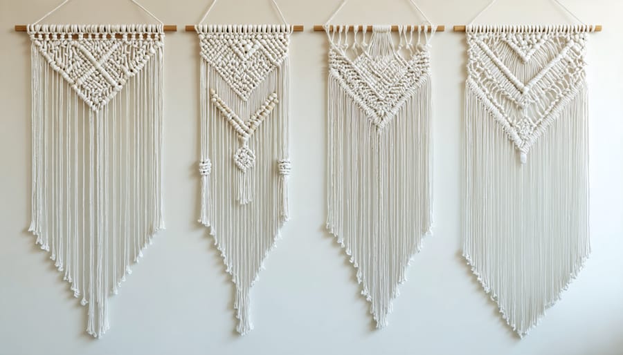 DIY macramé wall hanging tutorial showing four stages of completion