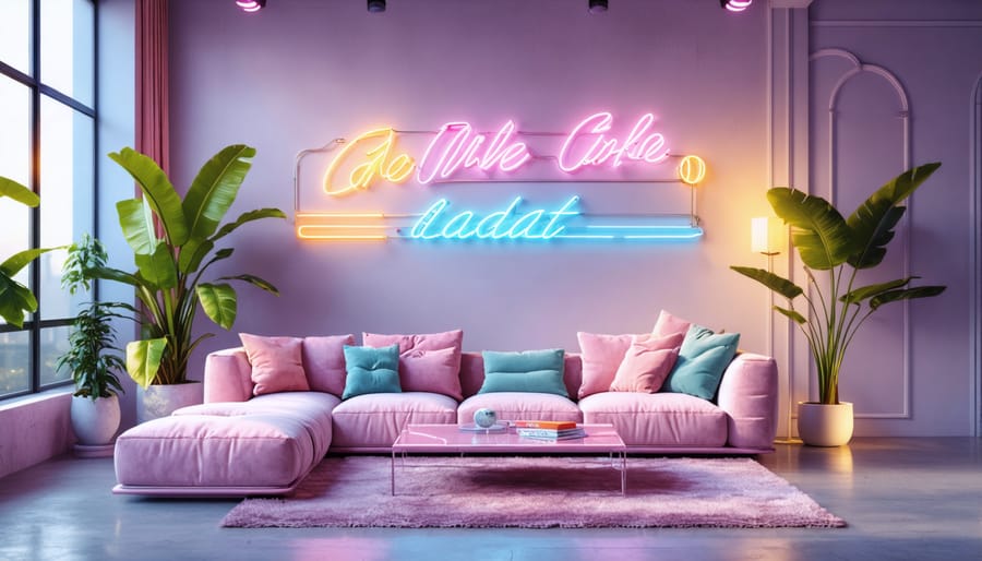 Modern room with 80s design elements including neon lighting and chrome details