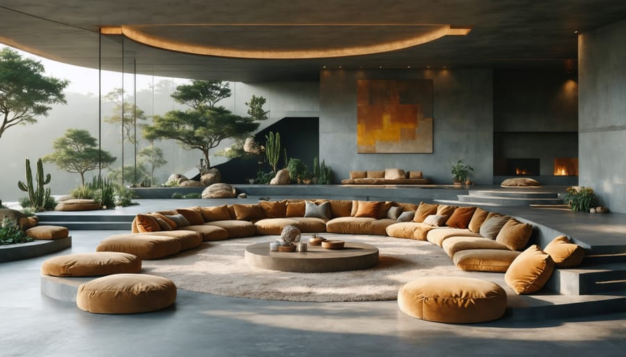 Contemporary sunken living room with 70s-inspired design elements including orange and brown cushions