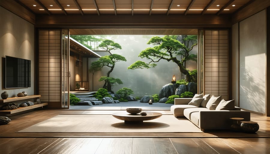 Contemporary living space with minimalist furniture and large sliding doors blending indoor-outdoor spaces