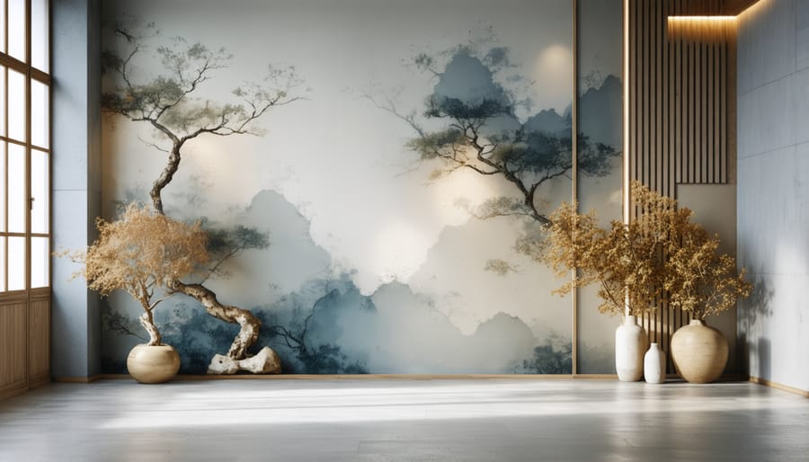 Natural patterns and textures in interior design showing wooden panels and leaf-pattern wallpaper