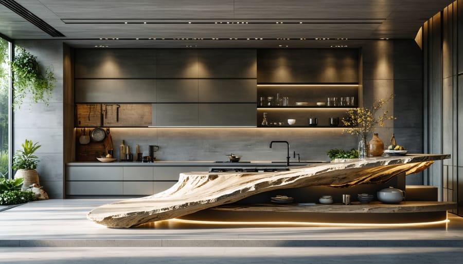 Curved kitchen island combining natural stone and wood materials with organic shapes