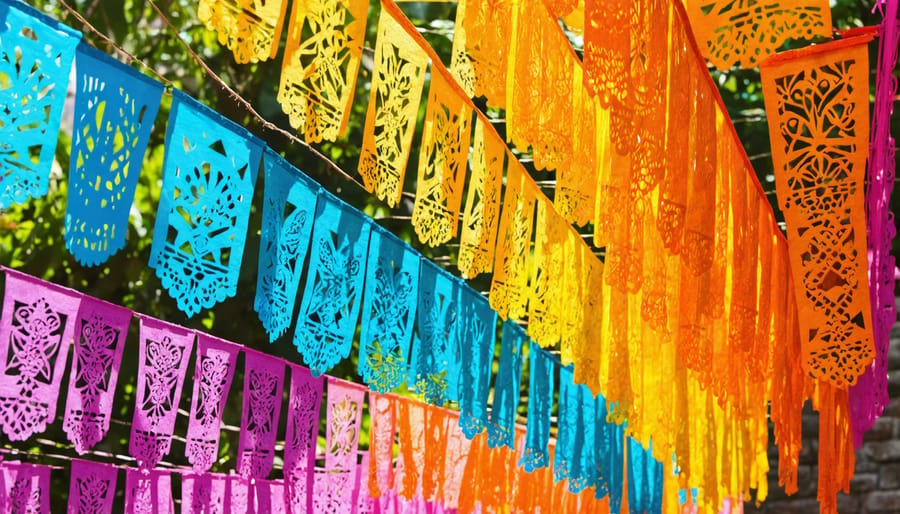 Colorful Mexican paper cutout banners showing geometric and floral patterns