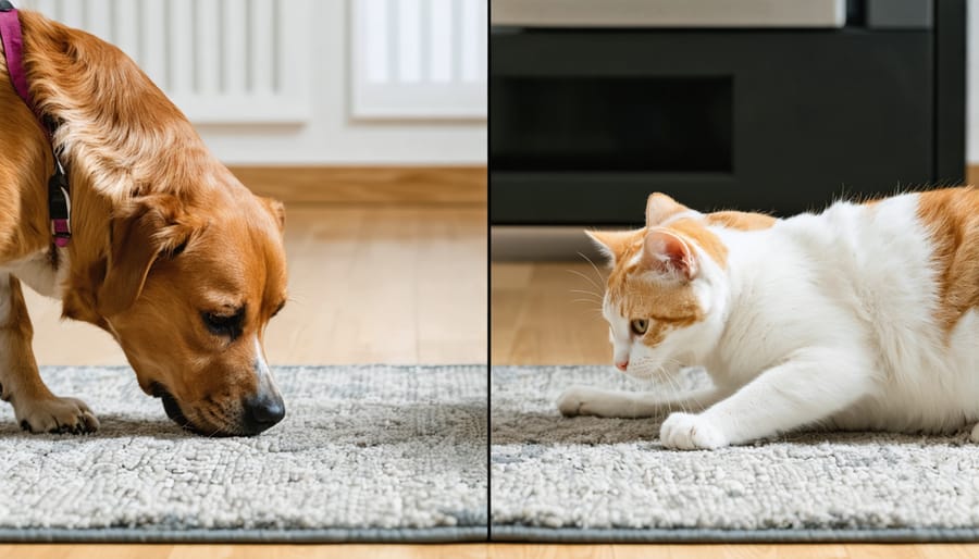 Dog and cat safely playing on a polypropylene rug showing pet-friendly features