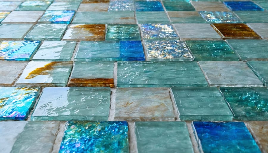 Detailed view of colorful recycled glass tile floor with light reflecting off surface