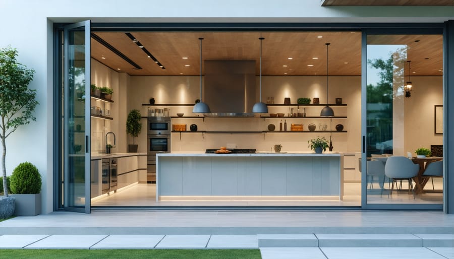 Seamless transition between indoor and outdoor kitchen spaces with matching materials and design