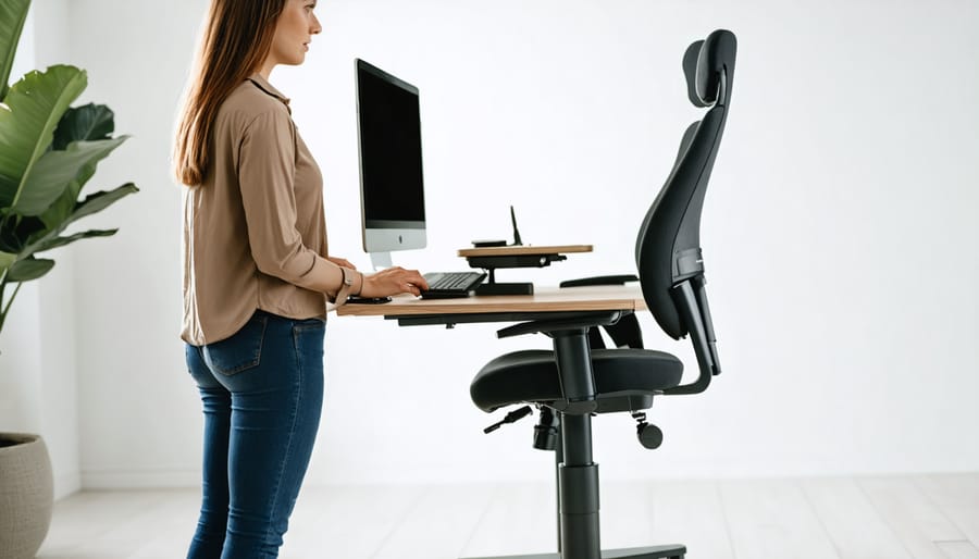 Professional working at an automated standing desk with smart office chair