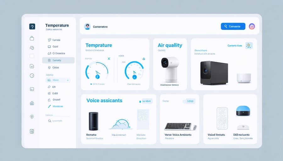 Digital dashboard displaying multiple smart home office controls and monitoring systems