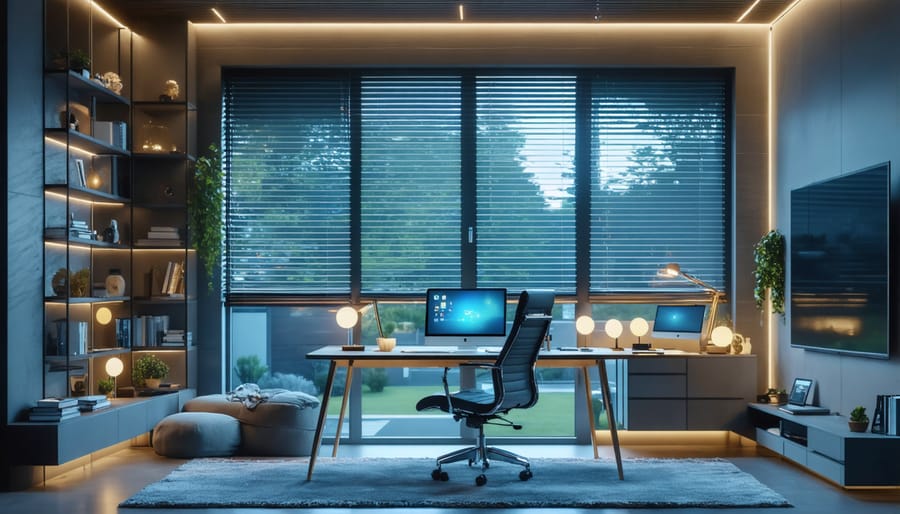 Smart home office with adjustable LED lighting and automated window controls