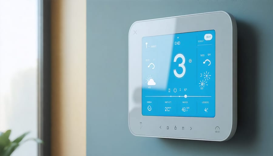 Modern smart thermostat interface showing weather integration and usage patterns