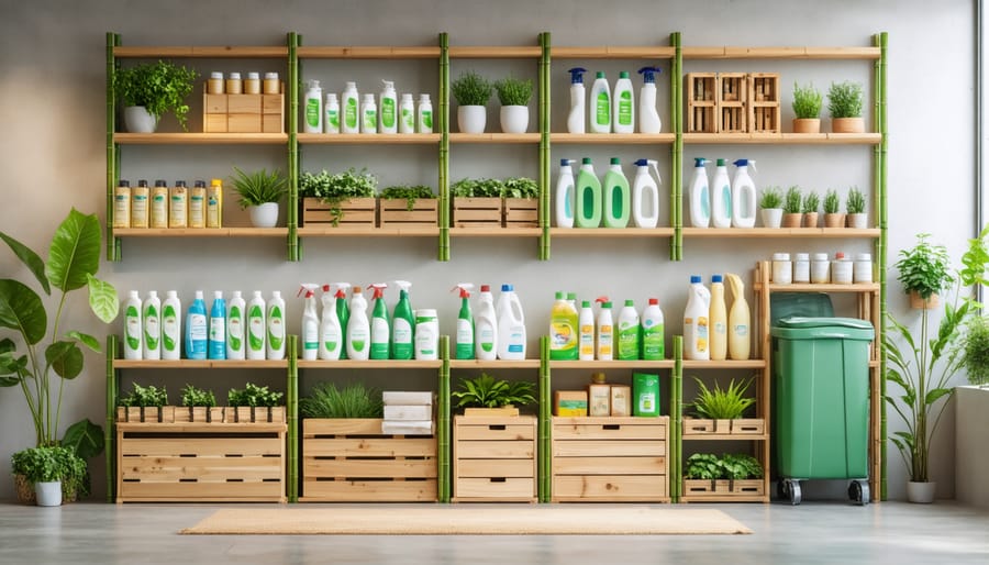 Elegant bamboo storage shelving unit with organized eco-friendly cleaning products