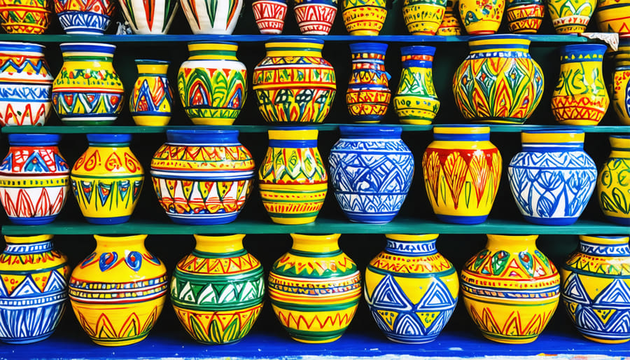 Traditional Mexican Talavera ceramics displaying blue, yellow, and white floral patterns