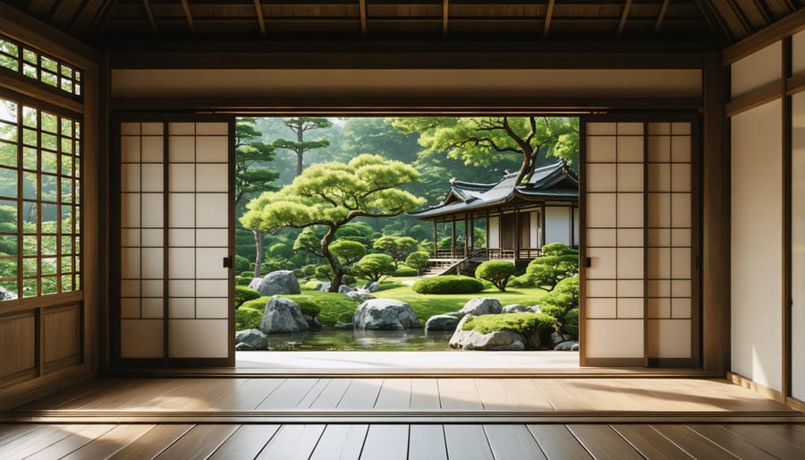 Wooden engawa platform connecting indoor living space to a traditional Japanese garden with stone path